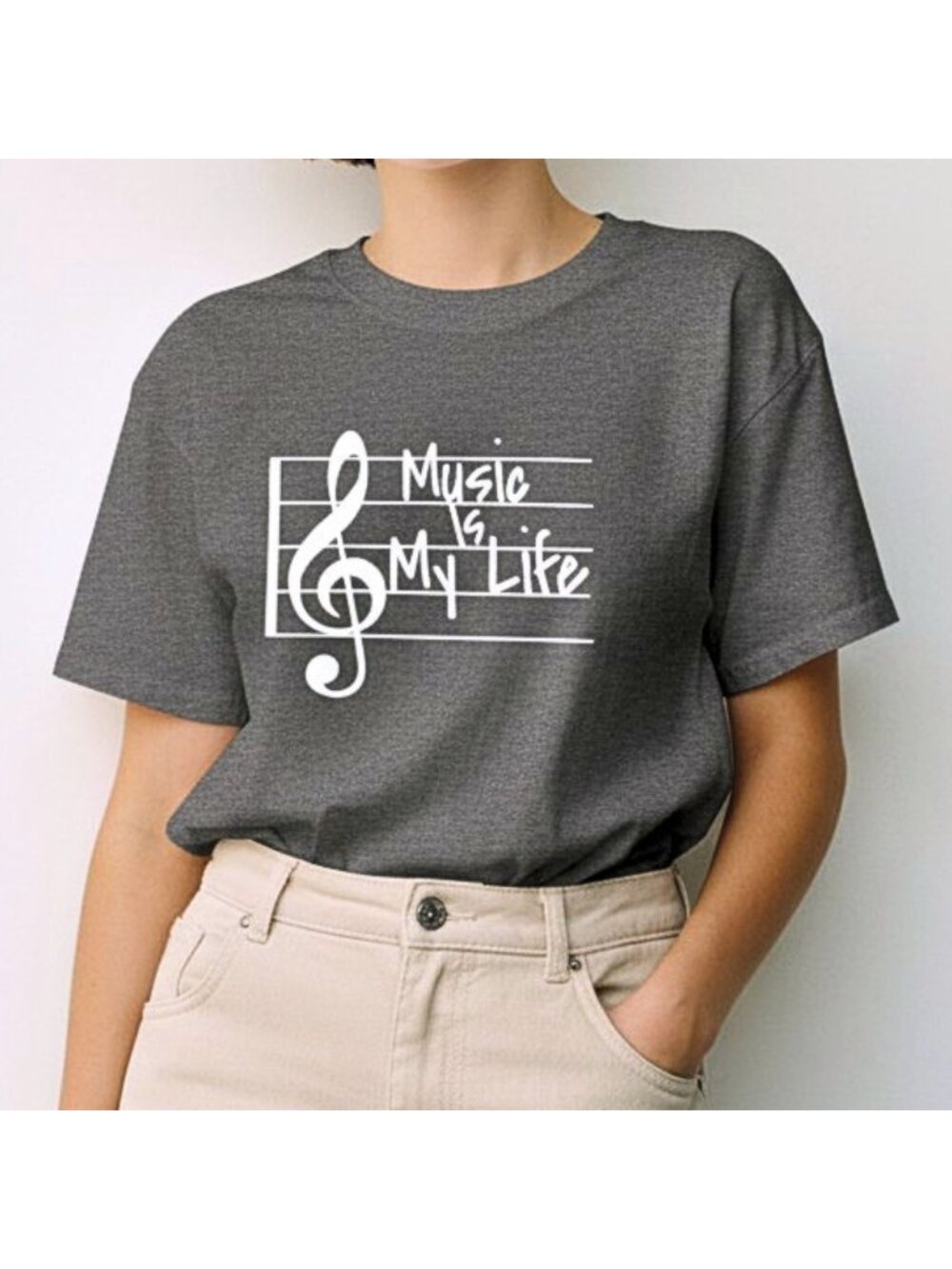 Music Is My Life Shirt Womens Large Heather Gray Treble Clef Music Tee